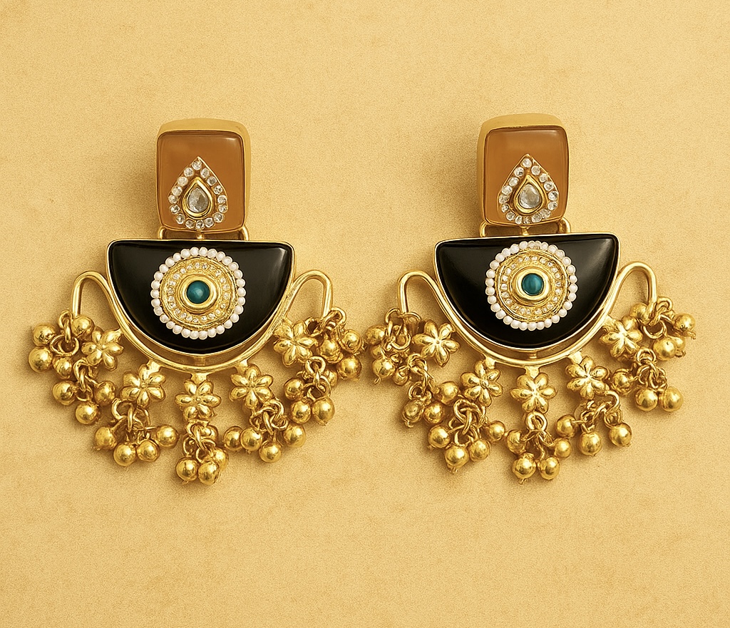 Traditional Gold Earrings with Black and white stone