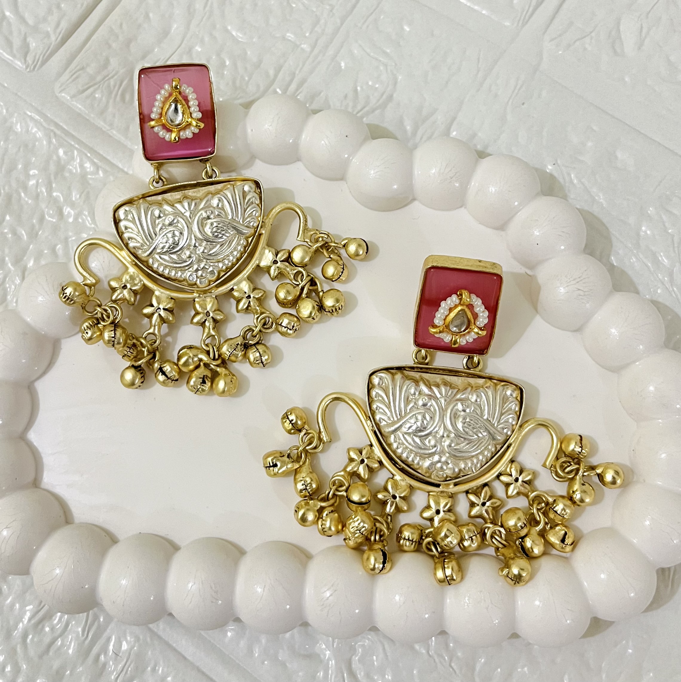 Pink and Silver Kundan Jhumka Earrings