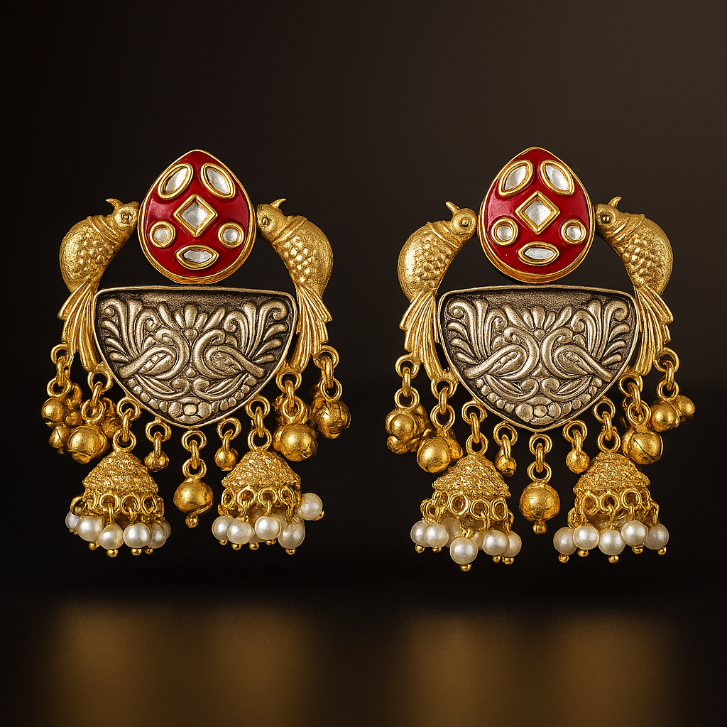 Antique Dual-Tone Kundan Jhumka Earrings with Red Enamel Top