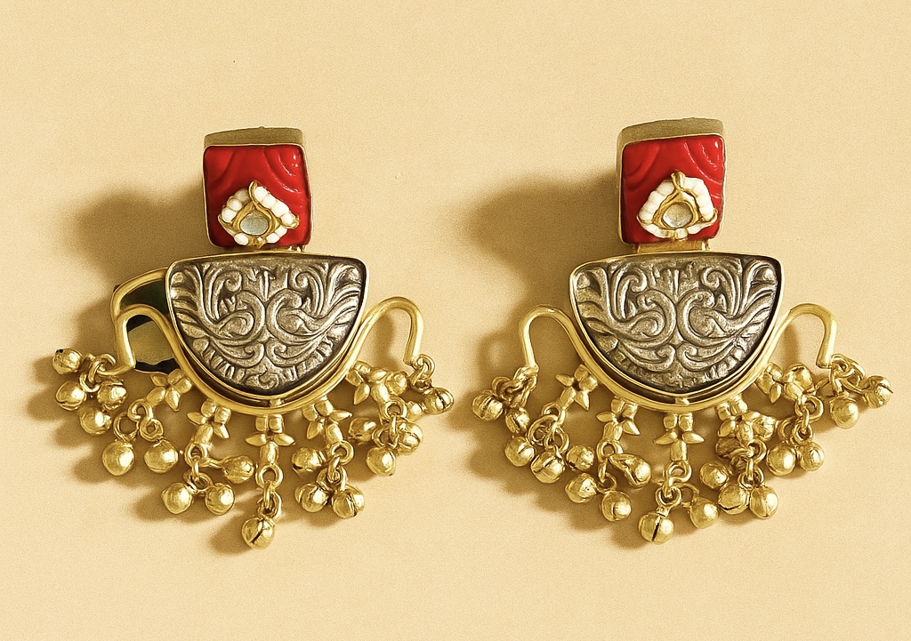 Traditional Indian Gold-Toned Earrings with Red Enamel and Dangling Bells